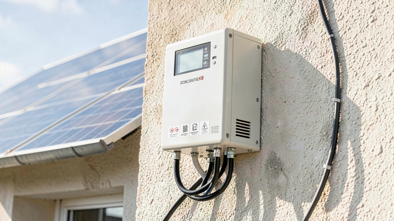 onduleur pour panneaux photovoltaïques installé sur un mur extérieur avec des panneaux solaires en arrière-plan