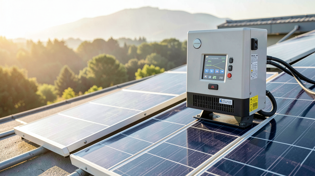 onduleur pour panneaux photovoltaïques installé à côté de panneaux solaires sur un toit