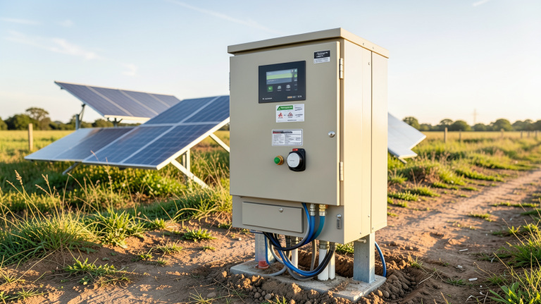onduleur site isolé installé dans un environnement rural avec panneaux solaires