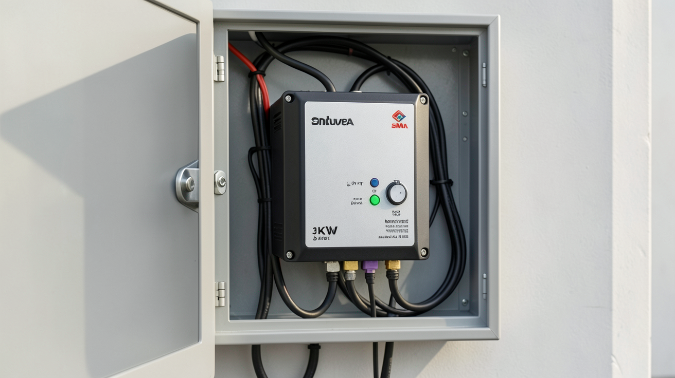 onduleur SMA 3 kW installé dans un coffret électrique extérieur, prêt pour l'installation pas à pas