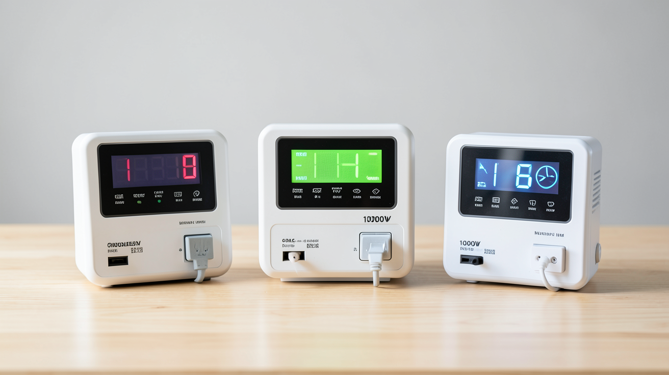 onduleur solaire 1000w montrant différents types posés sur une table en bois