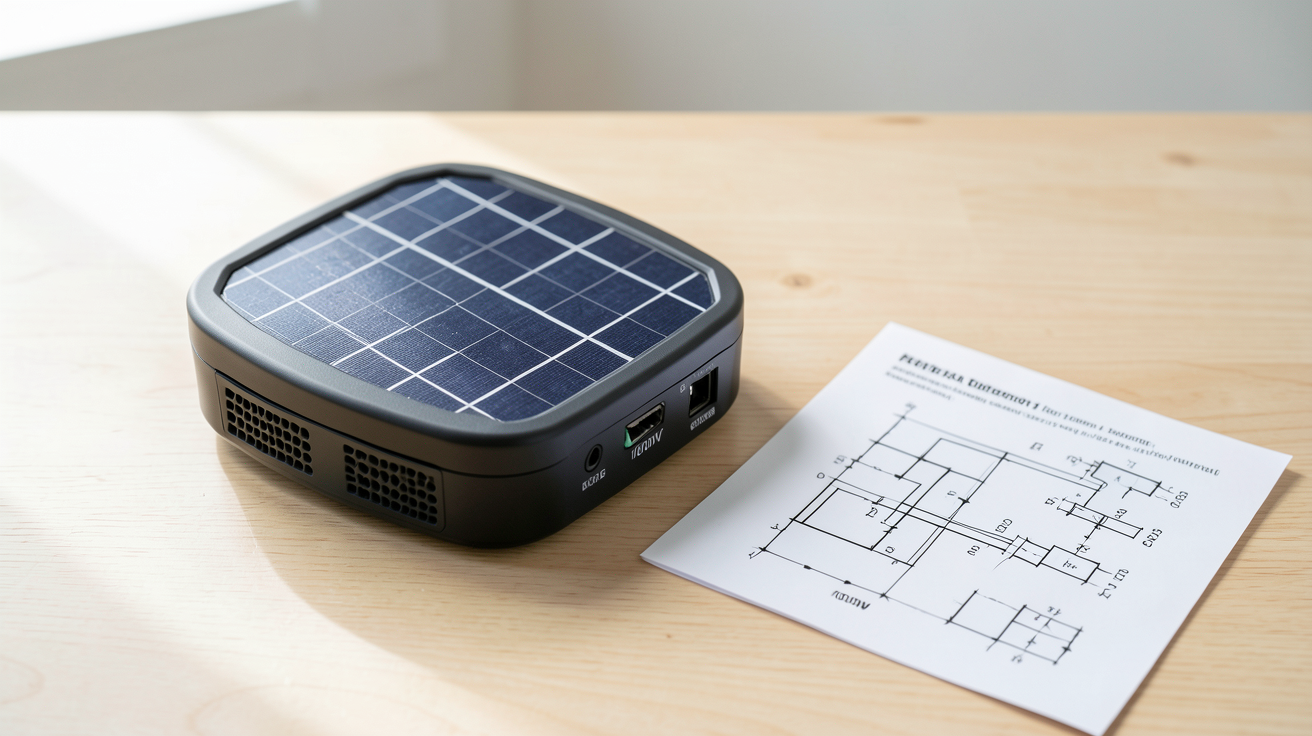 onduleur solaire 1000W avec schéma de câblage et étapes d'installation posés sur une table