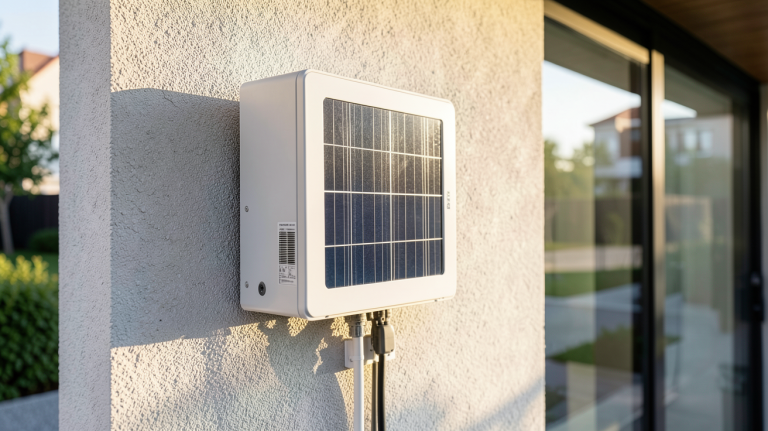 onduleur solaire 3 kW installé sur un mur extérieur d'une maison urbaine moderne