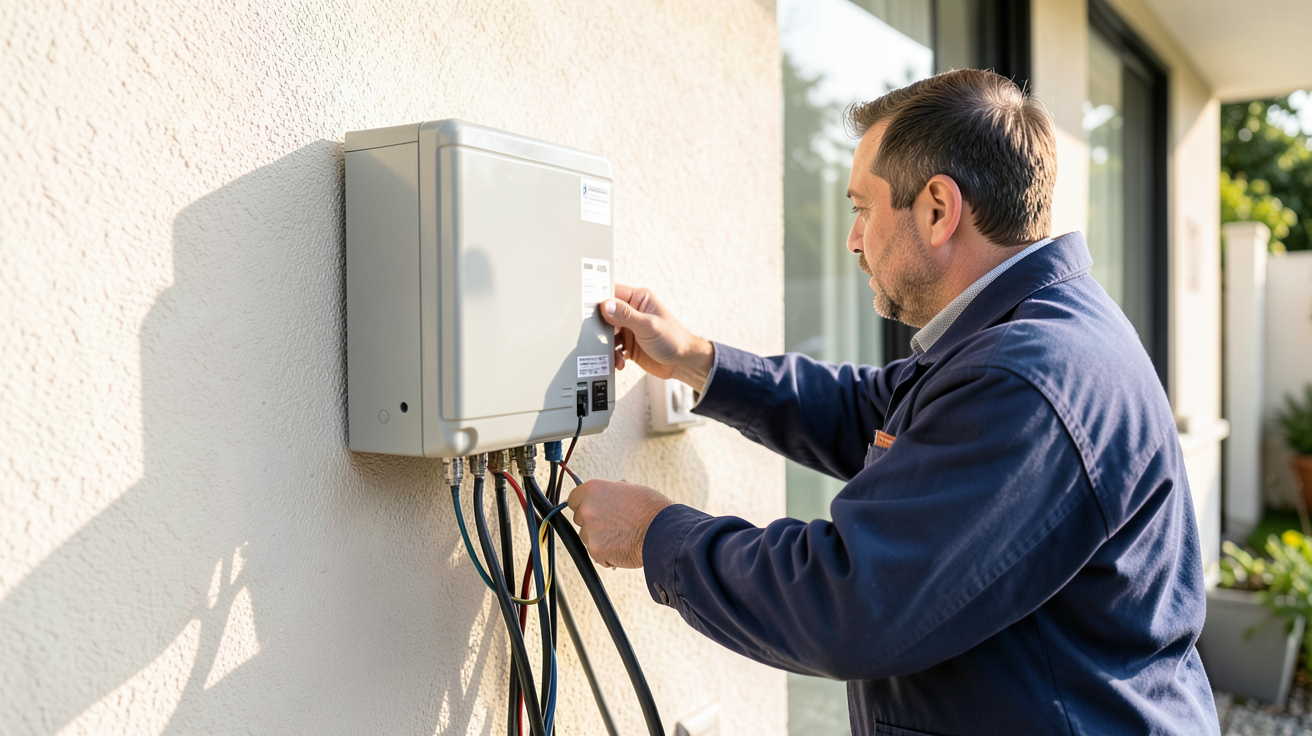 onduleur solaire 3 kW en cours d'installation et de mise en service par un technicien
