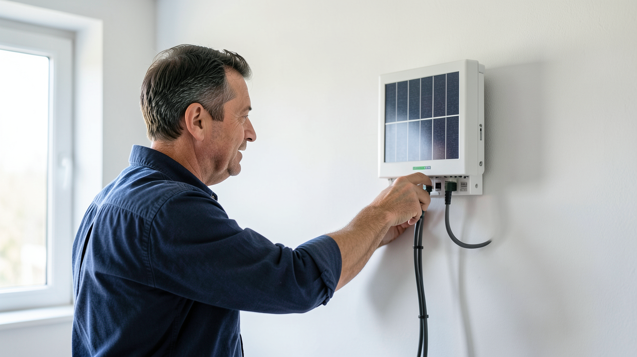 onduleur solaire pour autoconsommation en cours d'installation par un technicien sur un mur intérieur