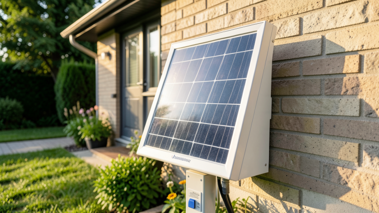 onduleur solaire autonome installé à l'extérieur d'une maison individuelle avec panneaux photovoltaïques en arrière-plan
