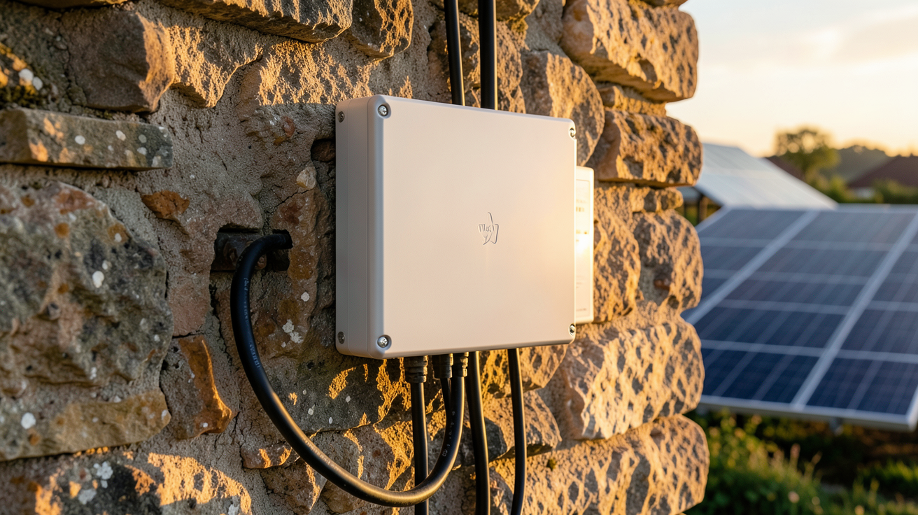 onduleur solaire autonome installé sur un mur extérieur d'une maison rurale en pierre avec des panneaux solaires en arrière-plan