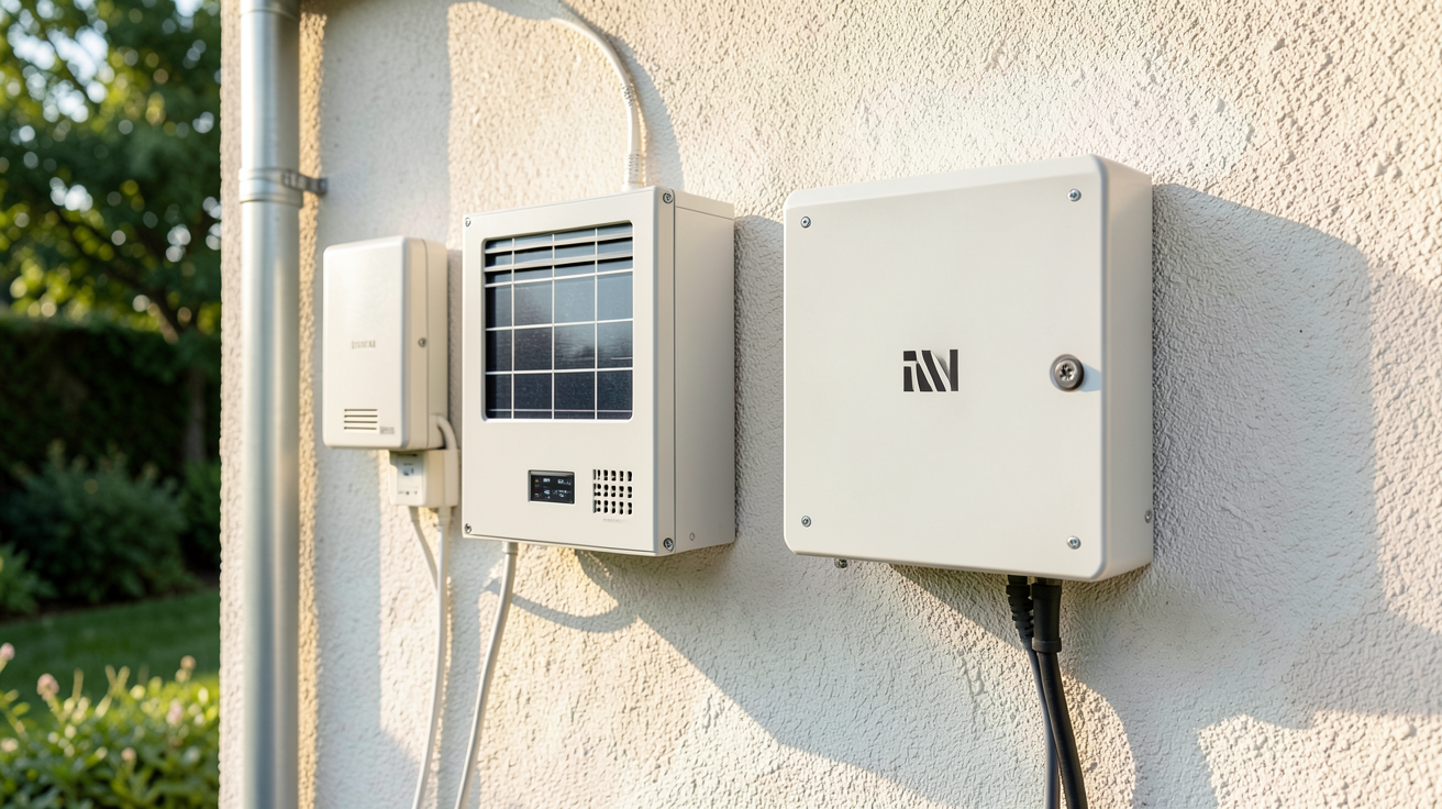 onduleur solaire autonome comparant micro-onduleurs et onduleur central installé sur un mur de maison