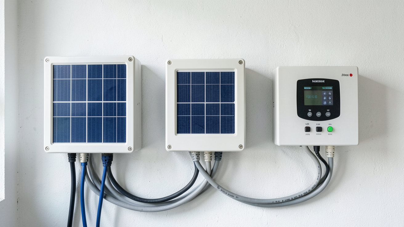 onduleur solaire central, hybride et micro-onduleur disposés côte à côte sur un mur technique