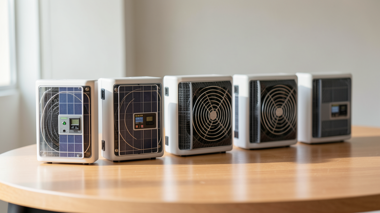 onduleur solaire hybride présenté parmi d'autres modèles de marques reconnues dans un décor neutre