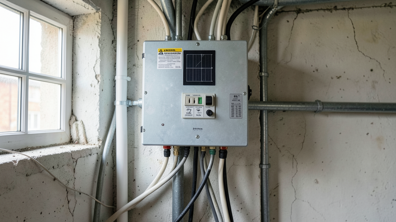 onduleur solaire hybride installé dans un garage technique avec câbles électriques organisés