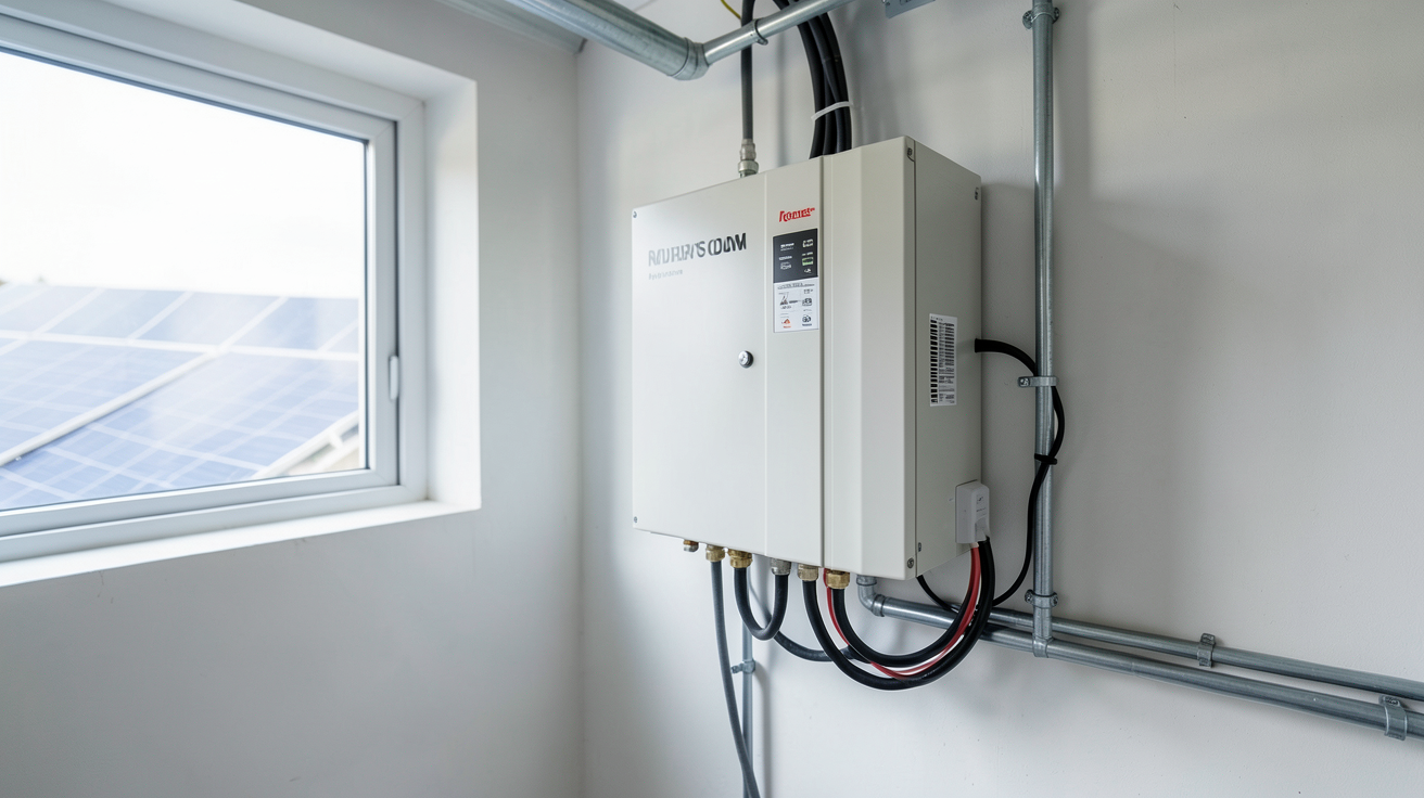 onduleur solaire hybride installé dans un local technique avec des panneaux solaires visibles