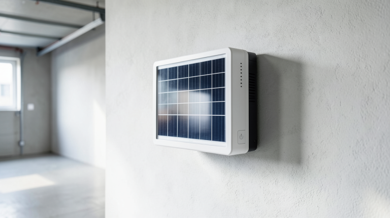 onduleur solaire installé sur un mur blanc dans une installation photovoltaïque domestique