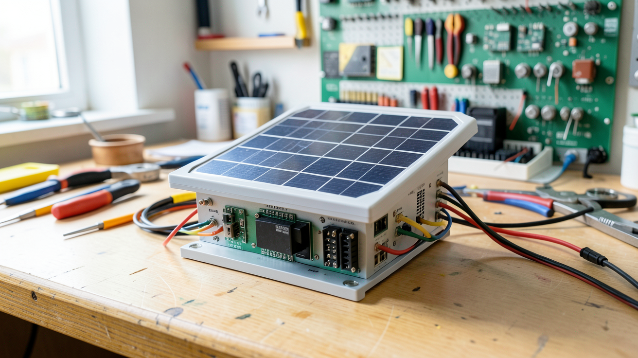onduleur solaire reconditionné posé sur une table de travail dans un atelier éclairé, analysé pour son rapport qualité-prix