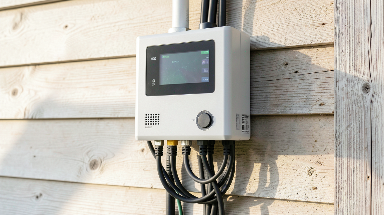 onduleur solaire moderne installé sur un mur extérieur en bois clair avec câbles organisés