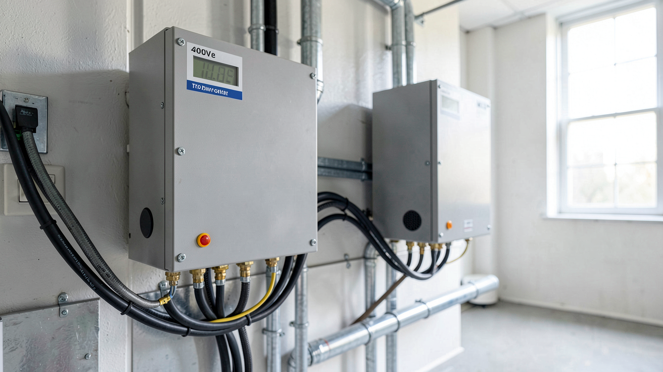 onduleur solaire triphasé 400V installé dans un local technique avec câbles électriques