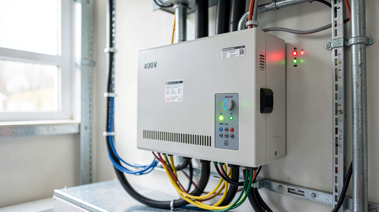onduleur solaire triphasé 400V en cours d'installation dans un local technique