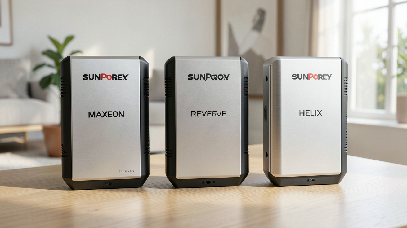 onduleur SunPower présentant les gammes Maxeon, Reserve et Helix alignés dans un environnement domestique