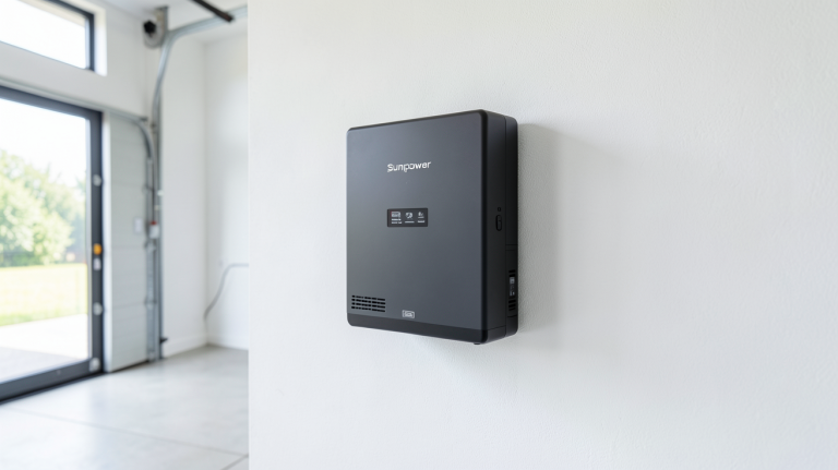 onduleur sunpower installé sur un mur dans un local technique solaire