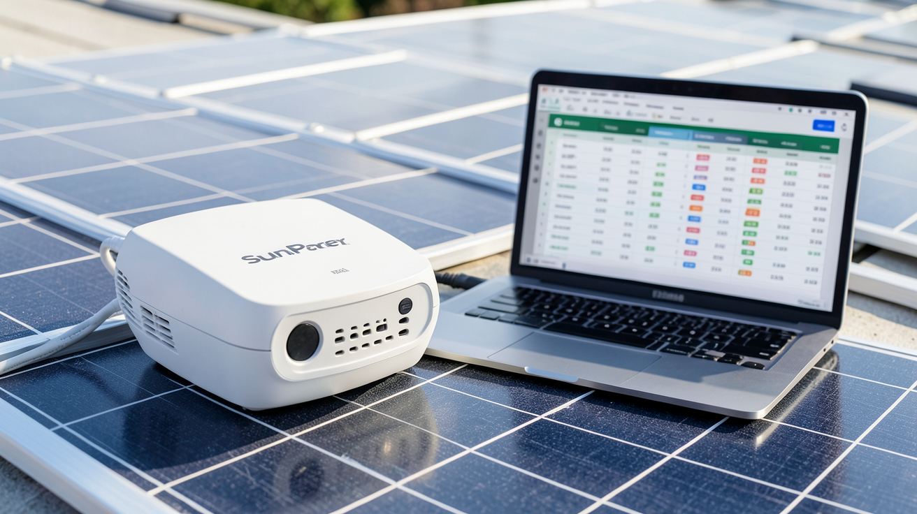 onduleur sunpower affichant le prix 2025 dans un tableau comparatif, posé sur un toit solaire avec un ordinateur portable à côté