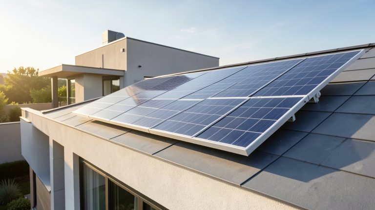 onduleur triphasé photovoltaïque installé sur le toit d'une maison moderne, montrant les câbles et le dispositif en détail