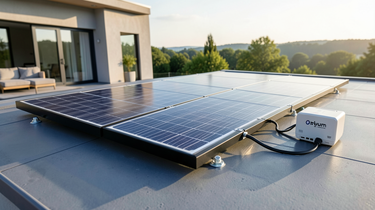 orium izywatt installation d'un panneau solaire Orium avec un boîtier Izywatt sur le toit d'une maison moderne