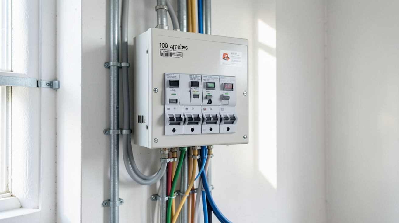 panneau 100 amp installé dans un local technique avec câbles organisés et disjoncteurs