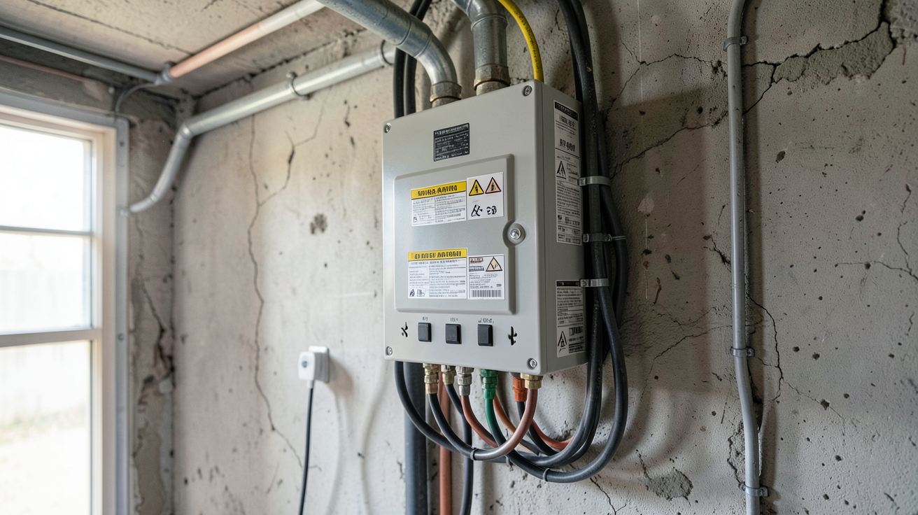panneau 100 amp installé dans un garage avec câbles organisés et étiquettes de sécurité