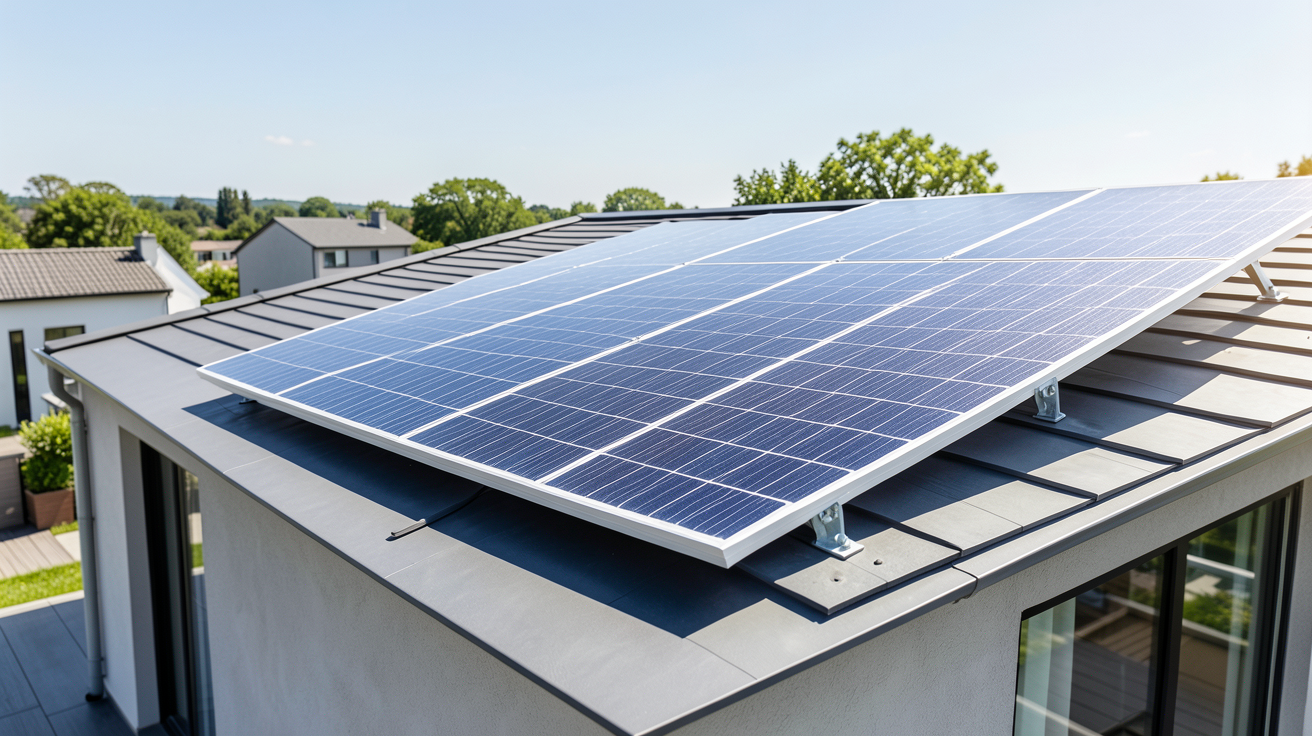 panneau 400w installé sur un toit résidentiel moderne sous une lumière naturelle.