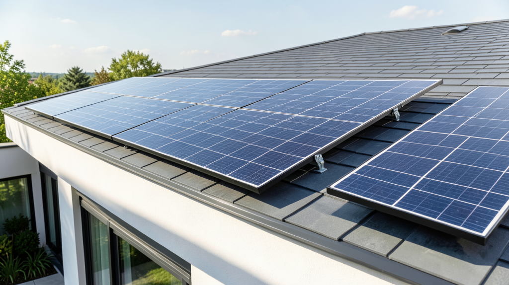 panneau 400wc installé sur le toit d'une maison moderne sous la lumière du soleil