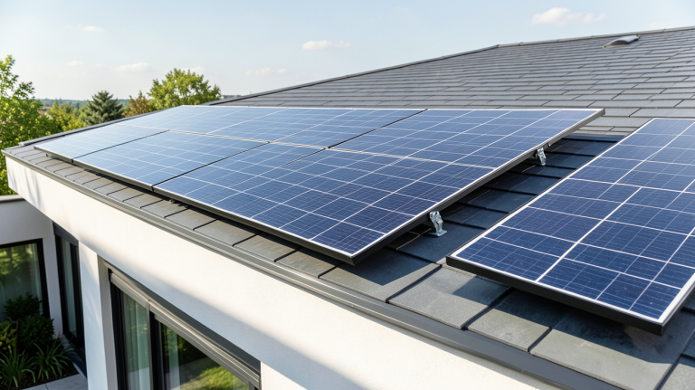 panneau 400wc installé sur le toit d'une maison moderne sous la lumière du soleil