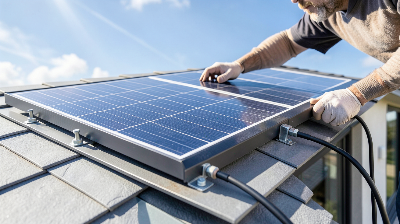 panneau 500w en cours d'installation par un professionnel sur un toit résidentiel