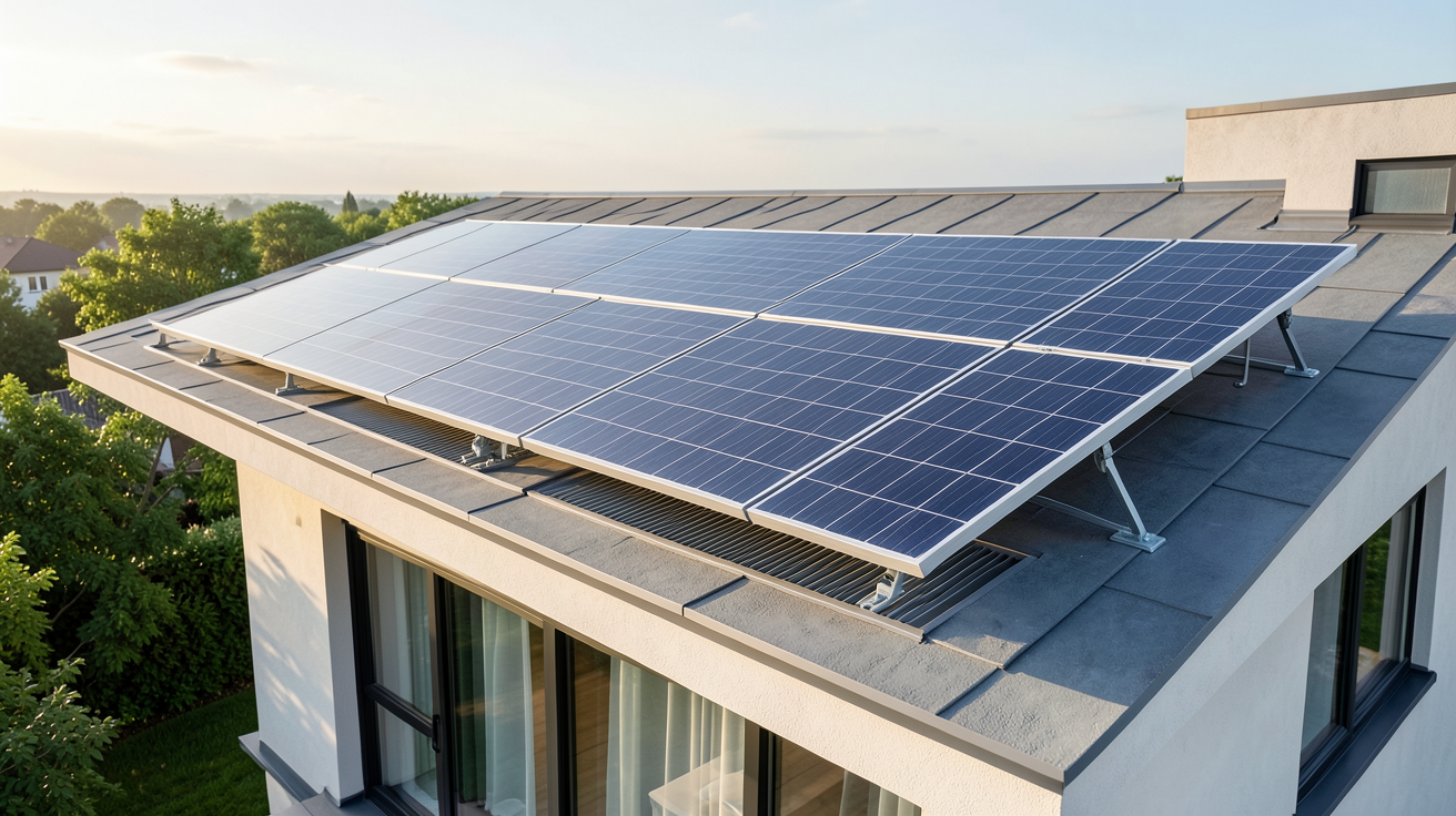 panneau aérovoltaïque installé sur le toit d'une maison moderne montrant le système de ventilation intégré