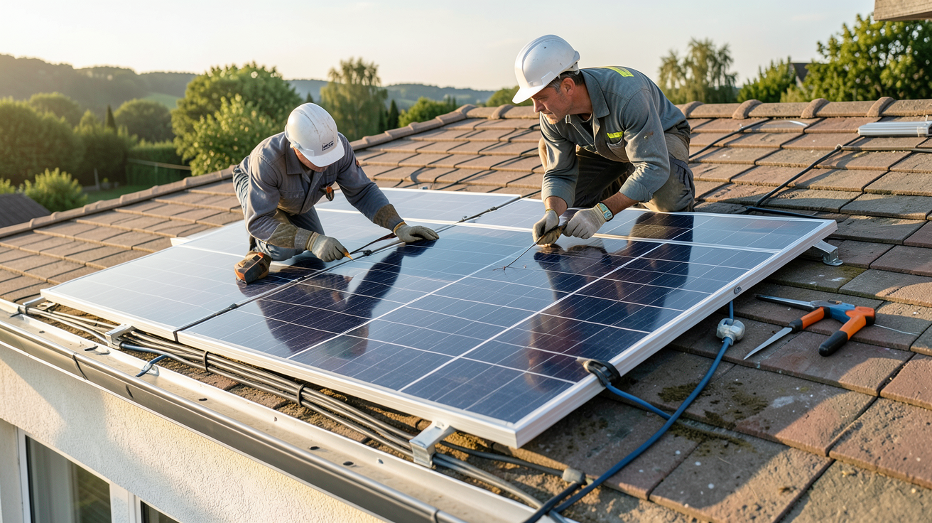 panneau aérovoltaïque en cours d'installation sur un toit de maison avec un professionnel