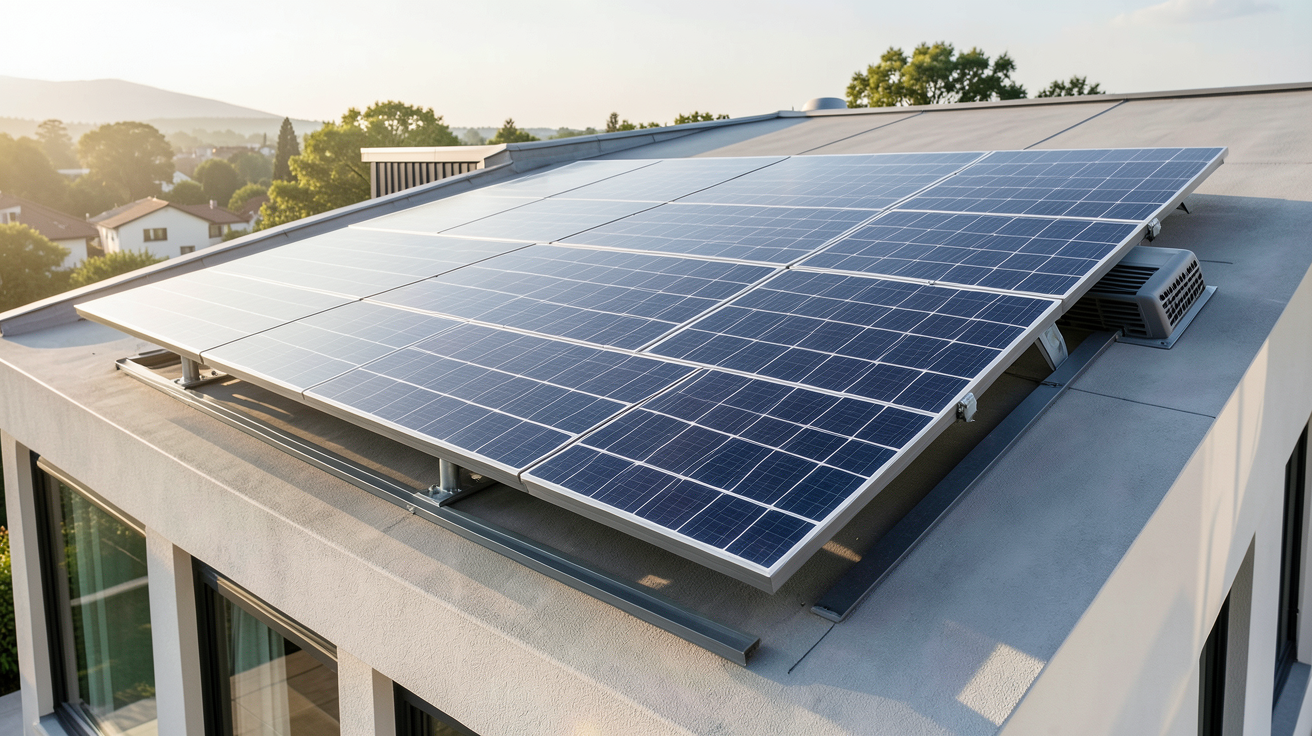panneau aérovoltaïque installé sur le toit d'une maison contemporaine