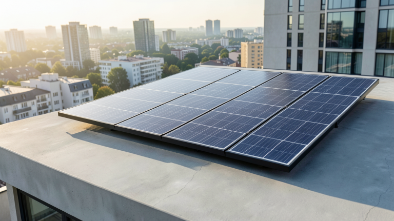 panneau aérovoltaïque installé sur le toit d'une maison urbaine moderne avec vue sur la ville