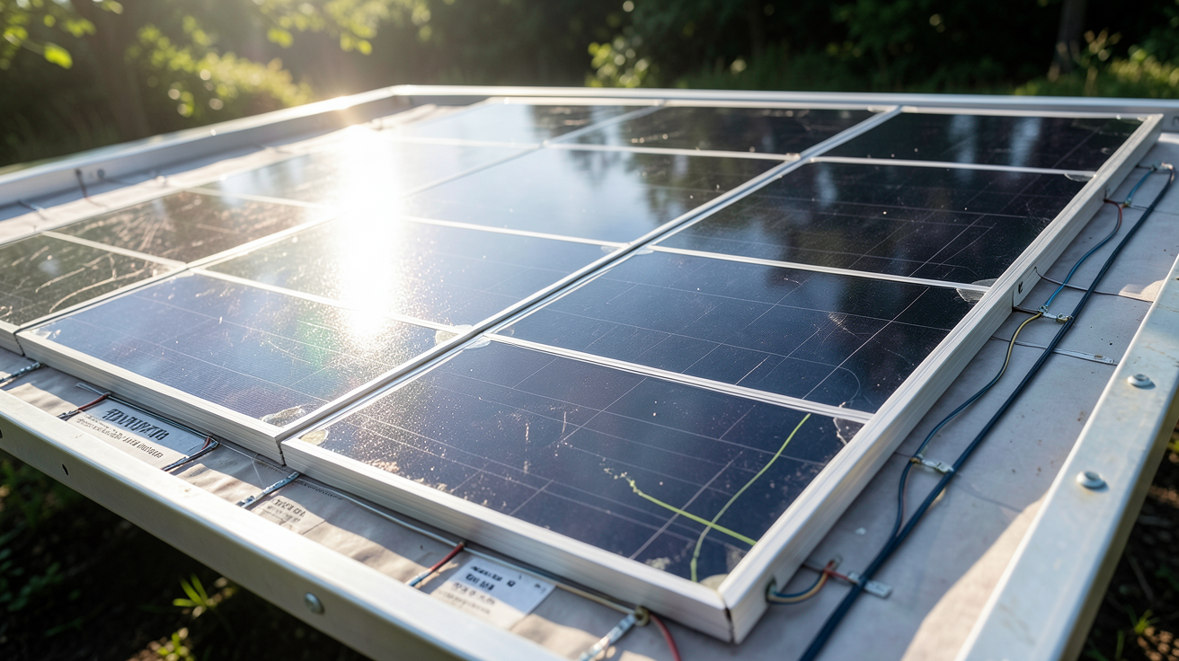 panneau amorphe en fonctionnement montrant les cellules amorphes en silicium et leur production d'électricité