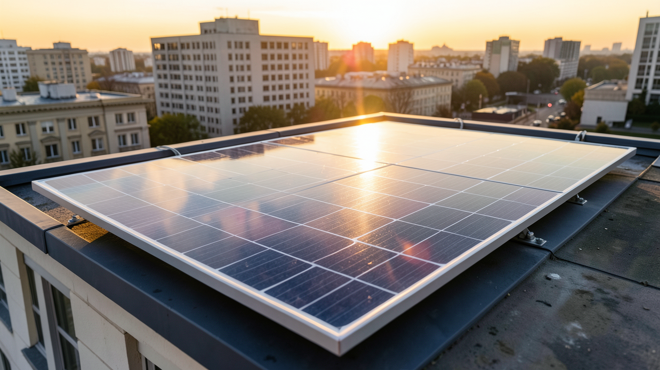 panneau amorphe installé sur le toit d'un immeuble en ville pour un projet solaire urbain