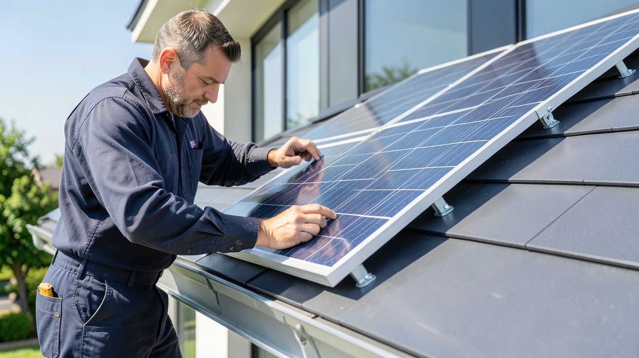 panneau autoconsommation en cours d'installation sur le toit d'une habitation par un expert