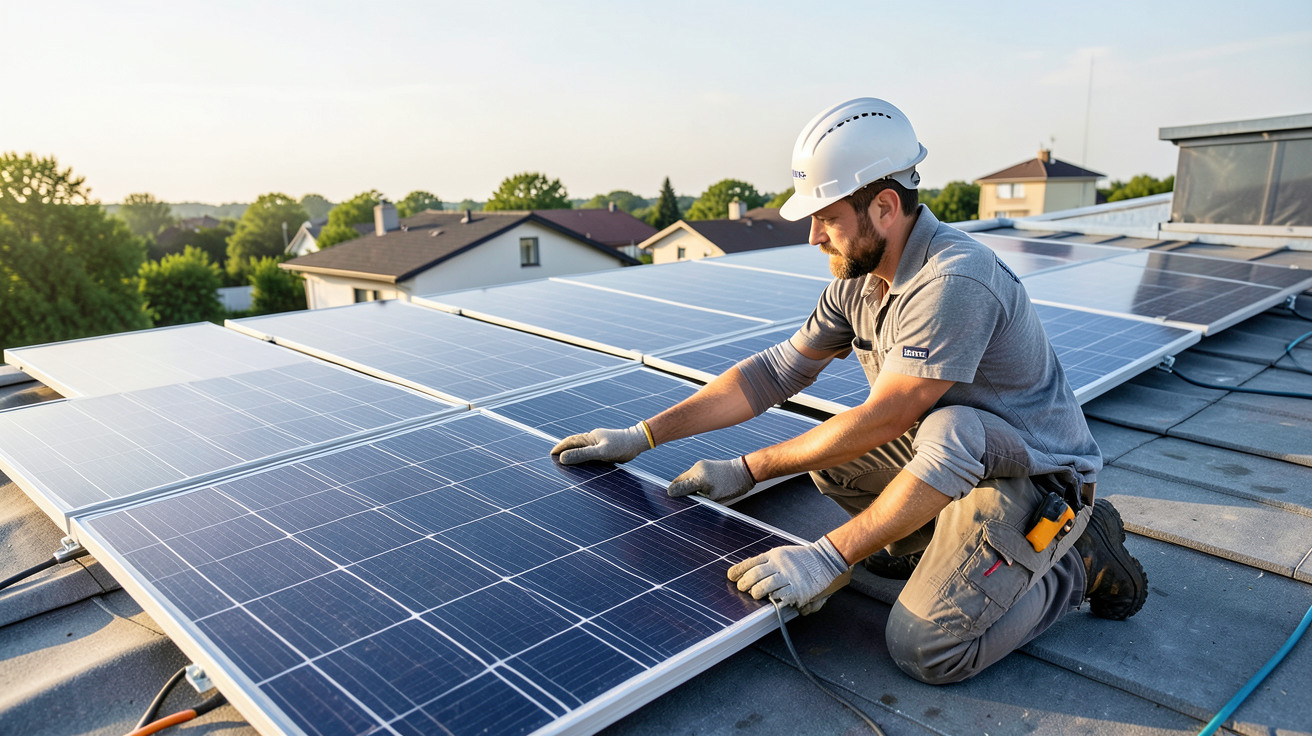 panneau Axitec installé sur un toit avec un technicien en train de vérifier la compatibilité avec les aides financières