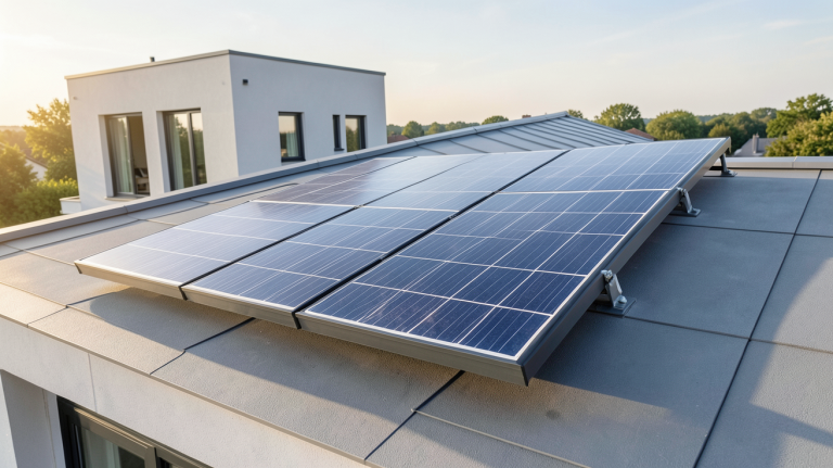panneau Axitec installé sur un toit de maison moderne avec lumière naturelle