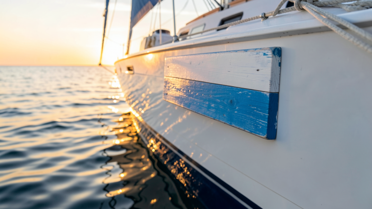 panneau bateau en bois peint aux couleurs bleu et blanc sur la coque d'un voilier