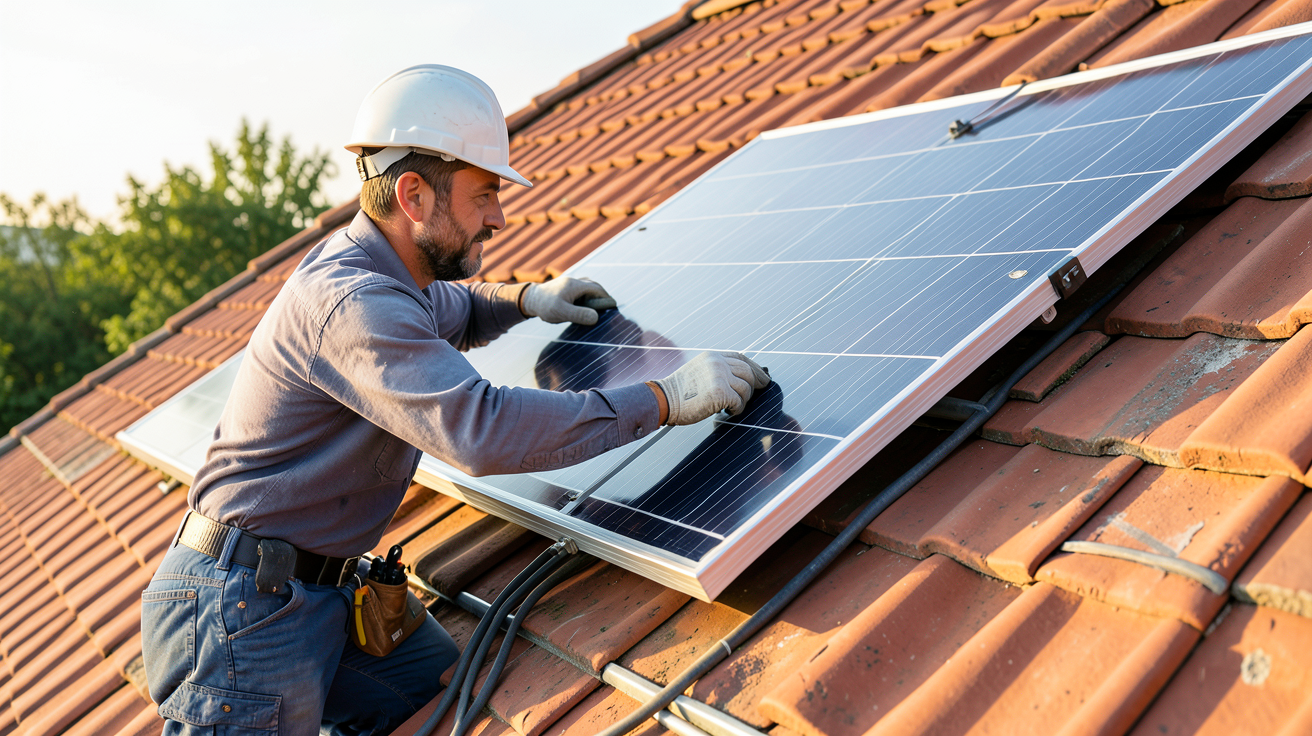 panneau Beem en cours d'installation sur un toit en tuiles rouges par un professionnel