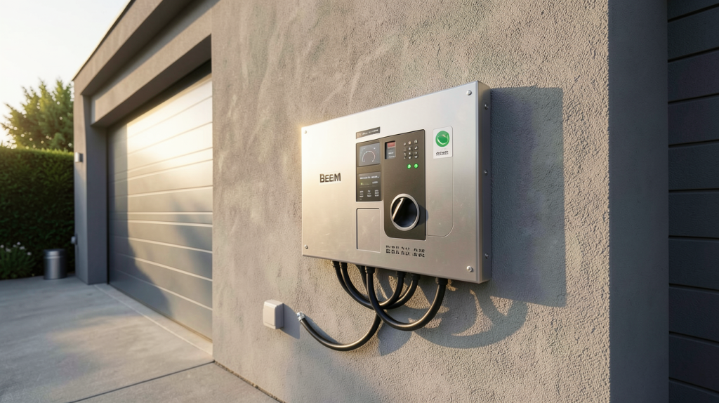 panneau Beem pour la recharge de véhicules électriques installé sur un mur extérieur d'un garage moderne