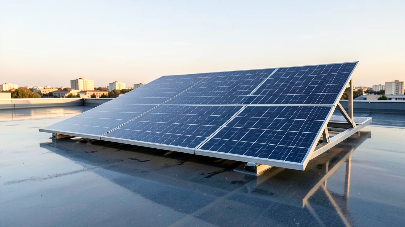 panneau bifacial installé sur un toit avec un sol réfléchissant pour maximiser l'albédo et le rendement énergétique