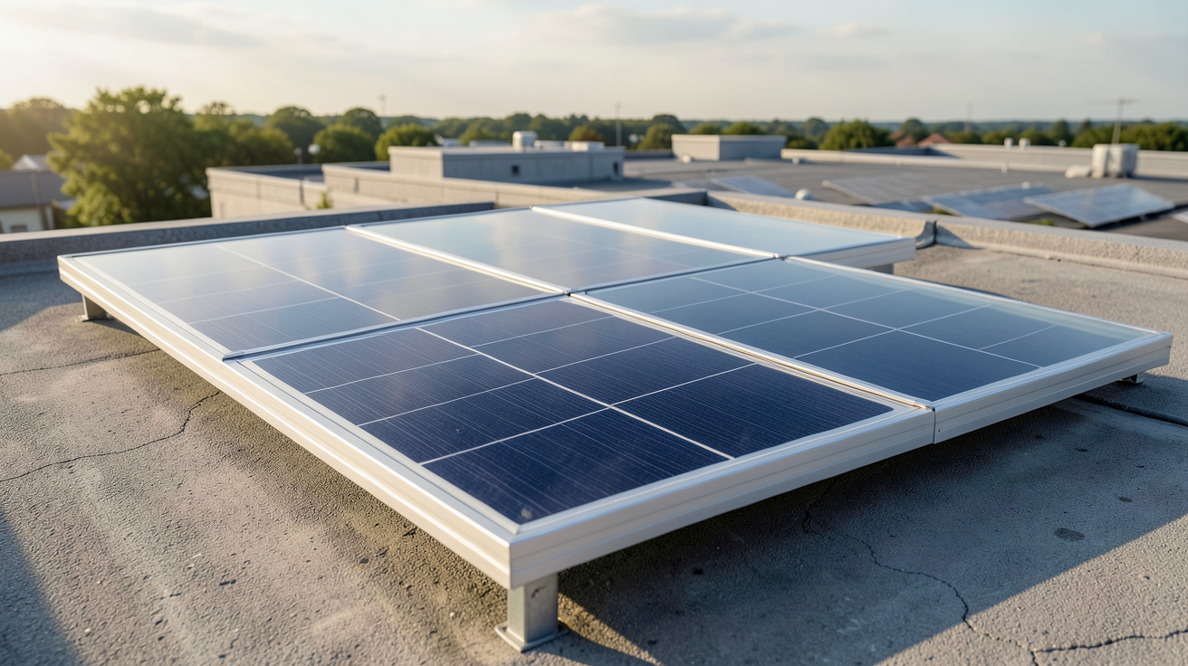 panneau bifacial bi-verre installé sur un toit plat avec vue sur le ciel