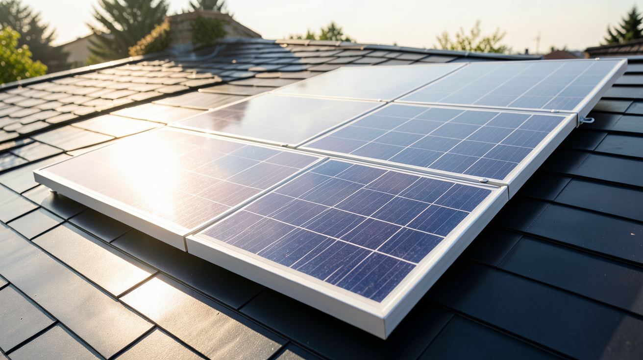 panneau bifacial installé sur un toit avec cellules photovoltaïques transparentes captant la lumière directe et réfléchie