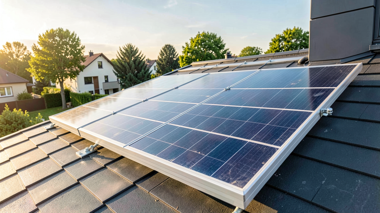 panneau solaire BISOL installé sur un toit résidentiel avec vue sur les cellules photovoltaïques et le cadre en aluminium