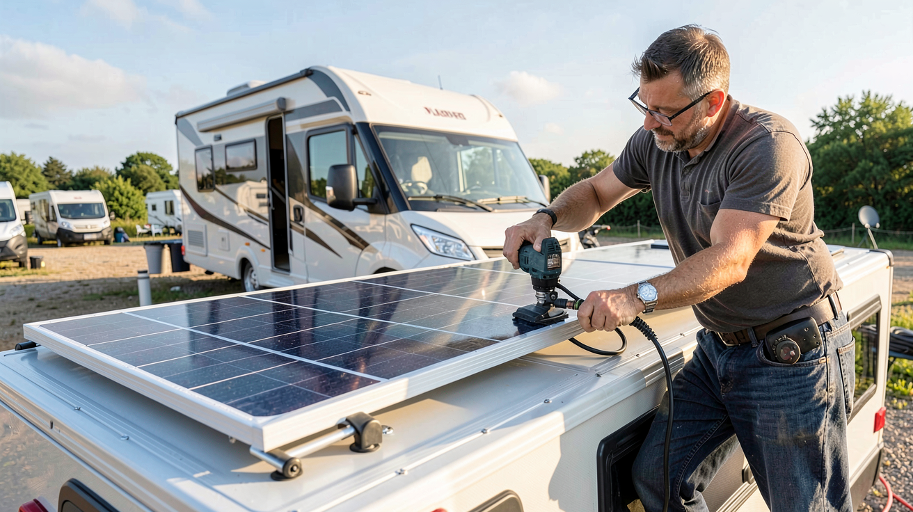 panneau camping car installation étape par étape montrant un installateur fixant un panneau solaire sur le toit d'un camping-car
