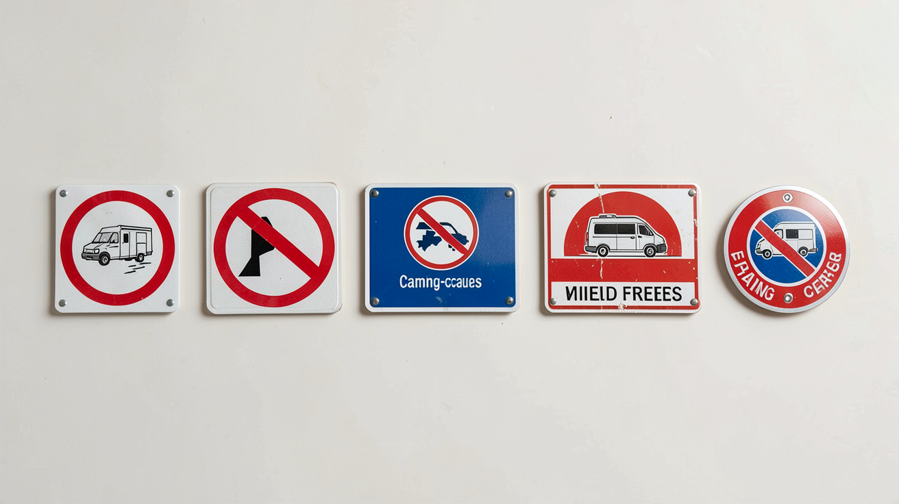 panneau camping car différents types de panneaux signalétiques pour camping-cars disposés en ligne